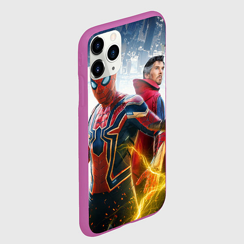 Чехол iPhone 11 Pro матовый Стивен Стрэндж и Человек паук нет пути домой / 3D-Фиолетовый – фото 2
