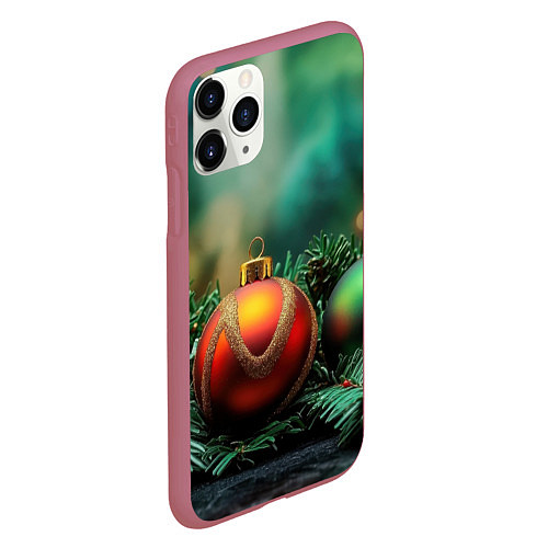 Чехол iPhone 11 Pro матовый Новогодние шары на ветках / 3D-Малиновый – фото 2