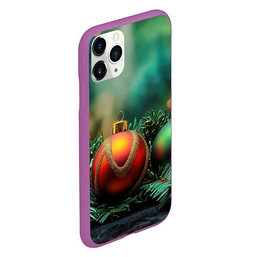 Чехол iPhone 11 Pro матовый Новогодние шары на ветках / 3D-Фиолетовый – фото 2