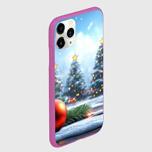 Чехол iPhone 11 Pro матовый Новогодние елки и шар / 3D-Фиолетовый – фото 2