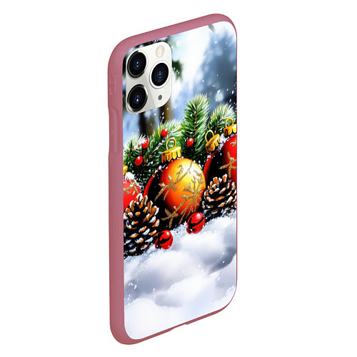 Чехол iPhone 11 Pro матовый Красные и желтый новогодние шары / 3D-Малиновый – фото 2