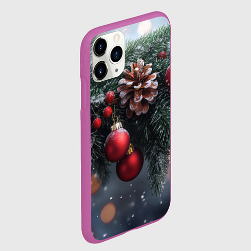 Чехол iPhone 11 Pro матовый Красные игрушки на елке и шишки / 3D-Фиолетовый – фото 2