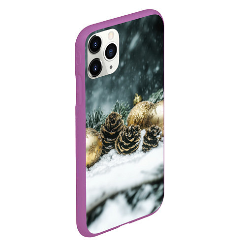 Чехол iPhone 11 Pro матовый Золотые шары и шишки / 3D-Фиолетовый – фото 2