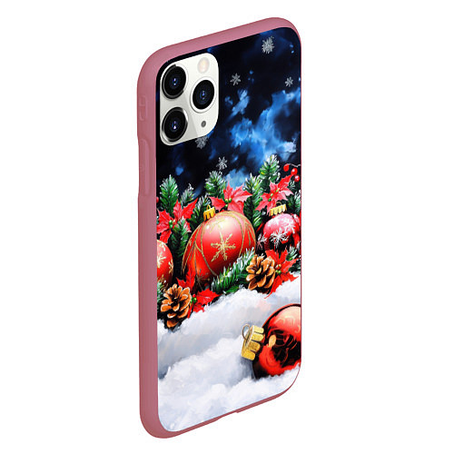 Чехол iPhone 11 Pro матовый Новогодние игрушки на снегу / 3D-Малиновый – фото 2