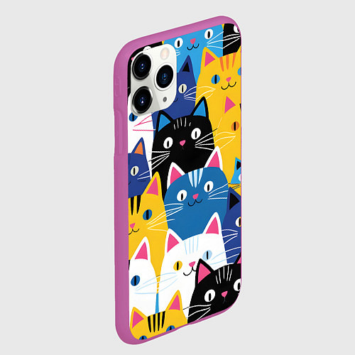 Чехол iPhone 11 Pro матовый Много цветных котиков / 3D-Фиолетовый – фото 2