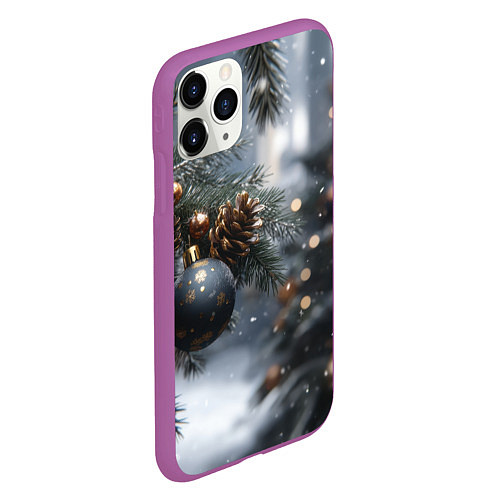 Чехол iPhone 11 Pro матовый Золотистые шары на ветках / 3D-Фиолетовый – фото 2