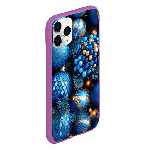 Чехол iPhone 11 Pro матовый Синие новогодние игрушки на елке / 3D-Фиолетовый – фото 2