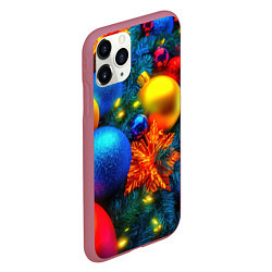 Чехол iPhone 11 Pro матовый Разноцветные шары на елке, цвет: 3D-малиновый — фото 2