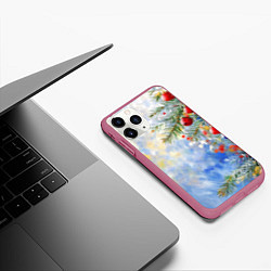 Чехол iPhone 11 Pro матовый Пейзаж новогодние игрушки и елка, цвет: 3D-малиновый — фото 2