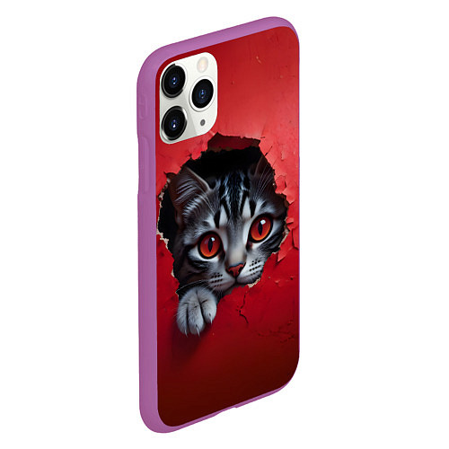 Чехол iPhone 11 Pro матовый Выглядывающий котик / 3D-Фиолетовый – фото 2