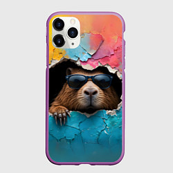 Чехол iPhone 11 Pro матовый Капибара в стене, цвет: 3D-фиолетовый