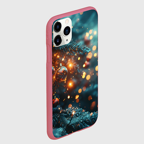 Чехол iPhone 11 Pro матовый Елочные шары и боке / 3D-Малиновый – фото 2