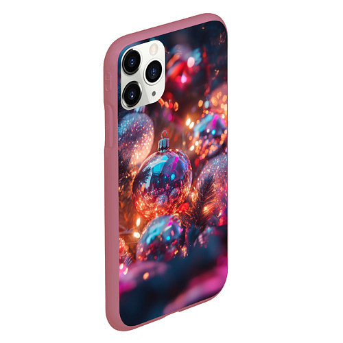 Чехол iPhone 11 Pro матовый Новогодние шары и фиолетовые блески / 3D-Малиновый – фото 2