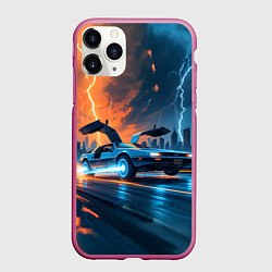 Чехол iPhone 11 Pro матовый Автомобиль и ночные молнии, цвет: 3D-малиновый