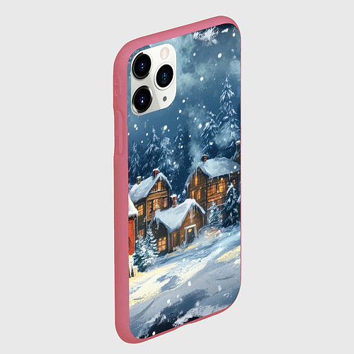 Чехол iPhone 11 Pro матовый Заснеженный предновогодний город / 3D-Малиновый – фото 2
