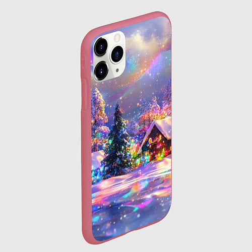 Чехол iPhone 11 Pro матовый Дух рождества - зимние домики / 3D-Малиновый – фото 2