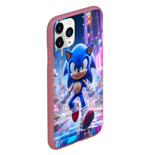 Чехол iPhone 11 Pro матовый Sonic в неоновом городе / 3D-Малиновый – фото 2