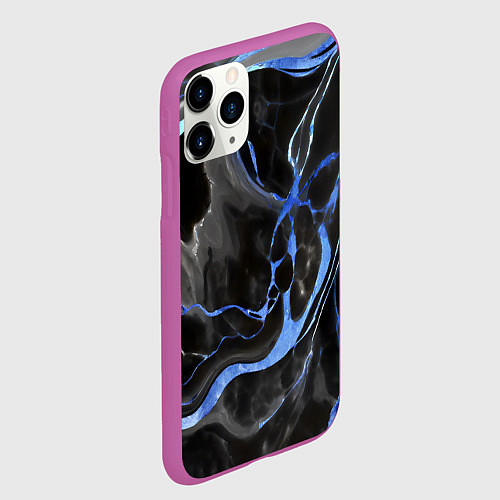 Чехол iPhone 11 Pro матовый Синие флюиды на чёрном фоне / 3D-Фиолетовый – фото 2