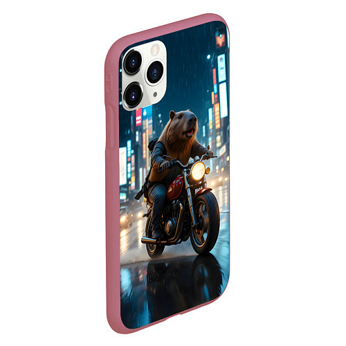 Чехол iPhone 11 Pro матовый Капибара байкер / 3D-Малиновый – фото 2