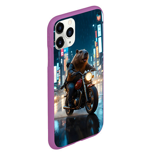 Чехол iPhone 11 Pro матовый Капибара байкер / 3D-Фиолетовый – фото 2