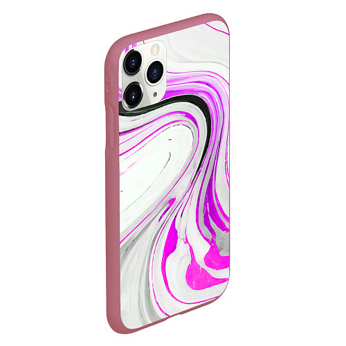 Чехол iPhone 11 Pro матовый Волнистые чёрно-фиолетовые линии на белом фоне / 3D-Малиновый – фото 2