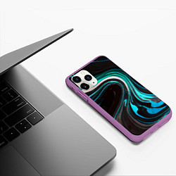 Чехол iPhone 11 Pro матовый Волнистые бело-голубые линии на чёрном фоне, цвет: 3D-фиолетовый — фото 2