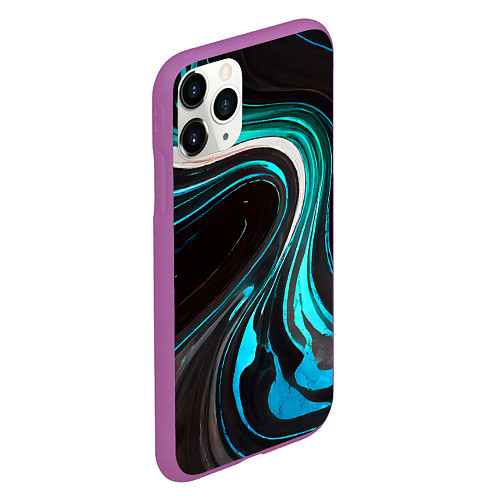 Чехол iPhone 11 Pro матовый Волнистые бело-голубые линии на чёрном фоне / 3D-Фиолетовый – фото 2