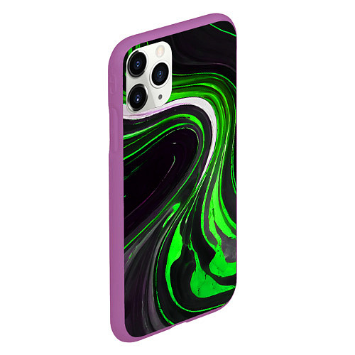 Чехол iPhone 11 Pro матовый Волнистые бело-зелёные линии на чёрном фоне / 3D-Фиолетовый – фото 2