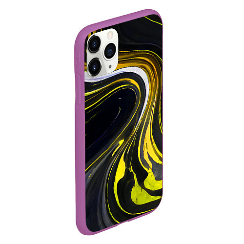 Чехол iPhone 11 Pro матовый Волнистые бело-жёлтые линии на чёрном фоне / 3D-Фиолетовый – фото 2