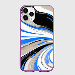 Чехол iPhone 11 Pro матовый Волнистые бело-синие линии на чёрном фоне, цвет: 3D-фиолетовый