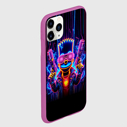Чехол iPhone 11 Pro матовый Барт Симпсон с двумя пистолетами - неон / 3D-Фиолетовый – фото 2