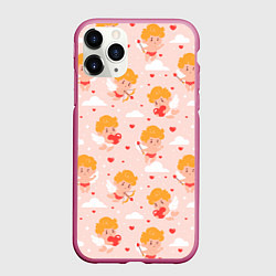 Чехол iPhone 11 Pro матовый Паттерн с милыми купидонами, цвет: 3D-малиновый