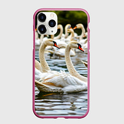 Чехол iPhone 11 Pro матовый Белые лебеди на пруду, цвет: 3D-малиновый