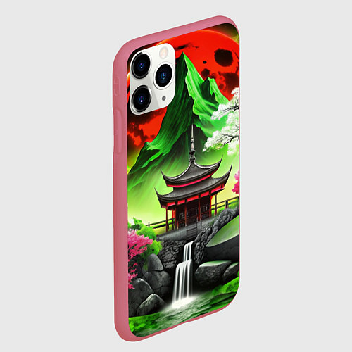 Чехол iPhone 11 Pro матовый Водопад японии и природа / 3D-Малиновый – фото 2