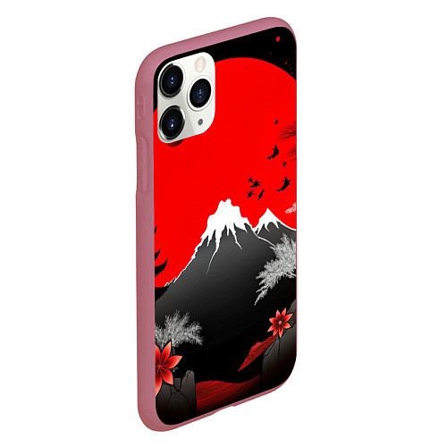 Чехол iPhone 11 Pro матовый Японская гора и красная луна / 3D-Малиновый – фото 2