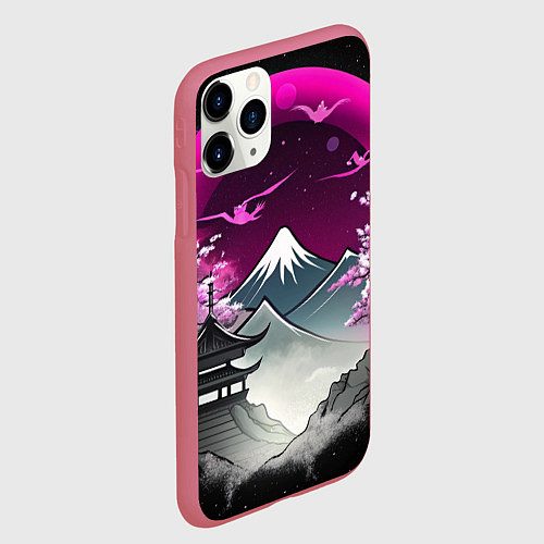 Чехол iPhone 11 Pro матовый Горы и сакура в Японии / 3D-Малиновый – фото 2