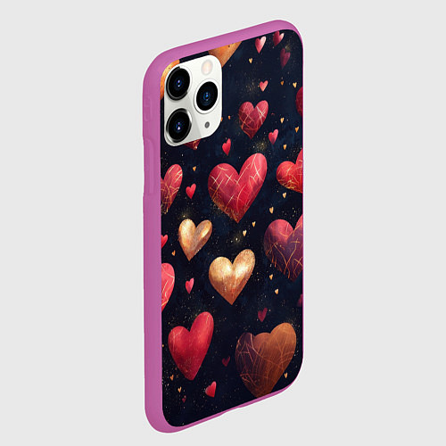 Чехол iPhone 11 Pro матовый Красные и золотые сердечки / 3D-Фиолетовый – фото 2