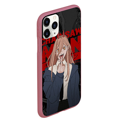 Чехол iPhone 11 Pro матовый Chainsaw man - Power fuck / 3D-Малиновый – фото 2