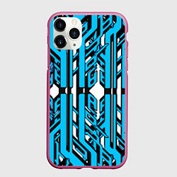 Чехол iPhone 11 Pro матовый Чёрно-синие техно полосы на белом фоне, цвет: 3D-малиновый