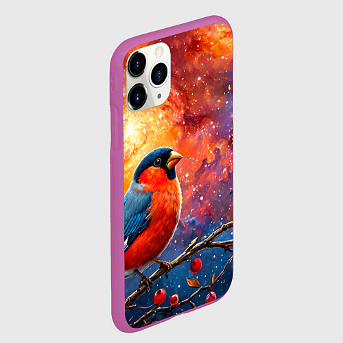 Чехол iPhone 11 Pro матовый Снегирь и космос / 3D-Фиолетовый – фото 2