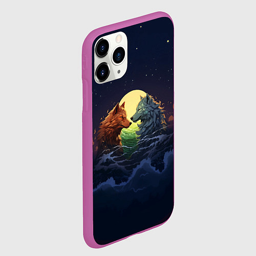 Чехол iPhone 11 Pro матовый Влюбленные волки под луной / 3D-Фиолетовый – фото 2