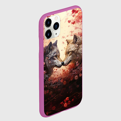 Чехол iPhone 11 Pro матовый Волк и волчица в бутонах цветов / 3D-Фиолетовый – фото 2