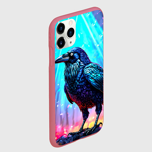Чехол iPhone 11 Pro матовый Черный ворон в неоне / 3D-Малиновый – фото 2