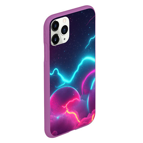 Чехол iPhone 11 Pro матовый Фиолетовые и голубые молнии - текстура / 3D-Фиолетовый – фото 2