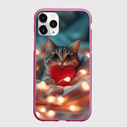 Чехол iPhone 11 Pro матовый Кошка с сердцем, цвет: 3D-малиновый