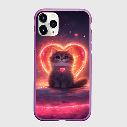 Чехол iPhone 11 Pro матовый Котенок и сердце из света, цвет: 3D-фиолетовый
