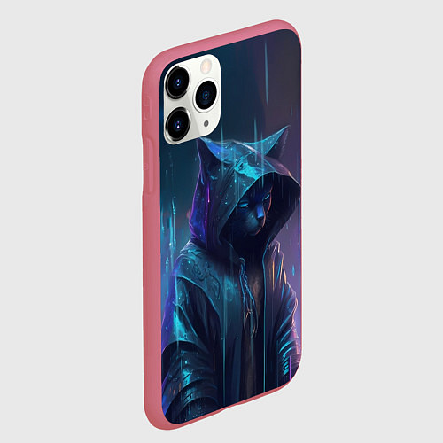 Чехол iPhone 11 Pro матовый Чёрный кот под дождём / 3D-Малиновый – фото 2