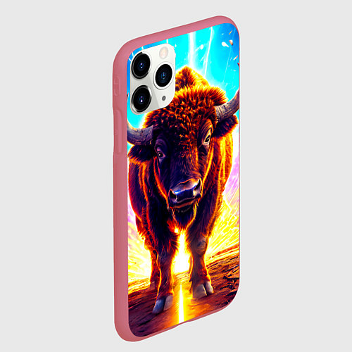 Чехол iPhone 11 Pro матовый Буйвол в неонновых лучах / 3D-Малиновый – фото 2