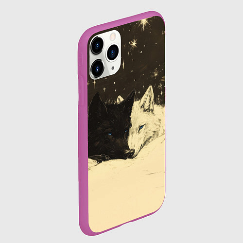 Чехол iPhone 11 Pro матовый Белая волчица и черный волк / 3D-Фиолетовый – фото 2