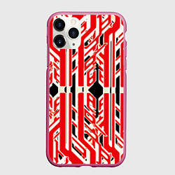 Чехол iPhone 11 Pro матовый Бело-красные техно полосы на чёрном фоне, цвет: 3D-малиновый